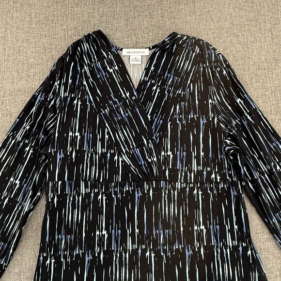 Liz Claiborne Blouse V-Neckline Top Medium Stretchy Black Blue Long Sleeve - Picture 3 of 11